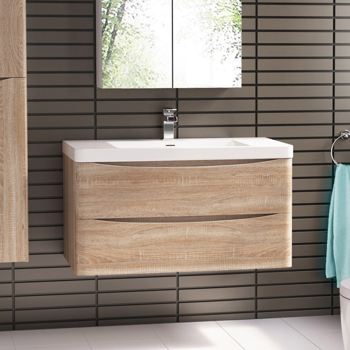 Ancona Wall Hung White Oak Vanity 900mm