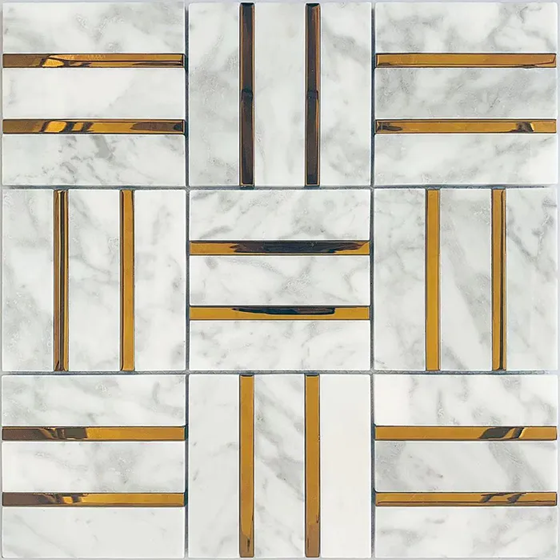 Carrara Weave Gold Glass and Natural Marble Mosaic