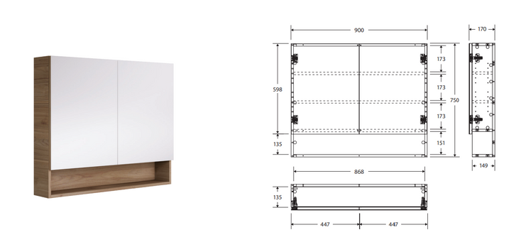 Fienza Aluca 900 Display Shelf Mirror Cabinet