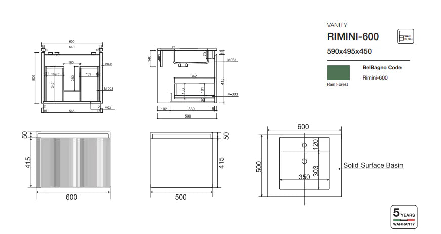 Rimini Wall-Hung Vanity Rain Forest Green 600mm