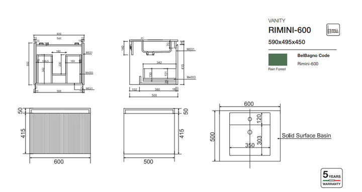 Rimini Wall-Hung Vanity Rain Forest Green 600mm