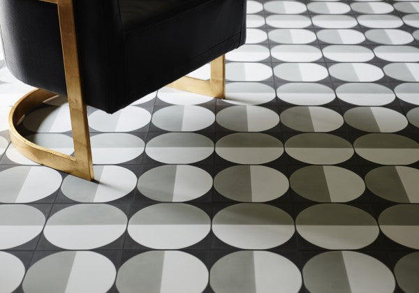 Black and white geometric tile flooring