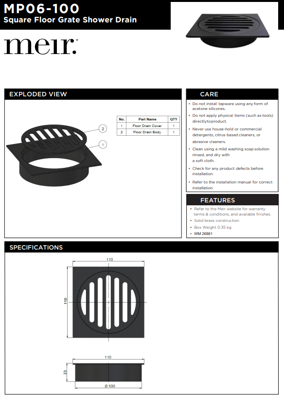 Meir Square Floor Grate Shower Drain 100mm outlet