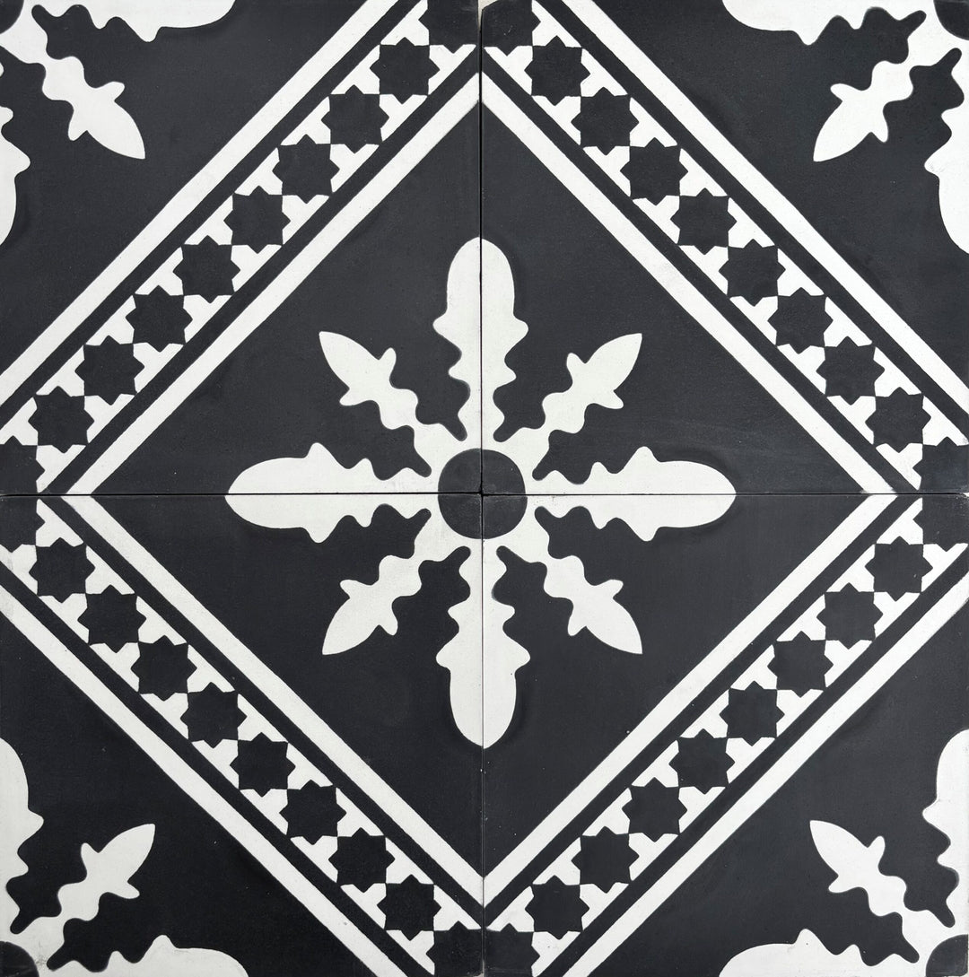 Casablanca White on Black Background Encaustic Tile 200x200mm