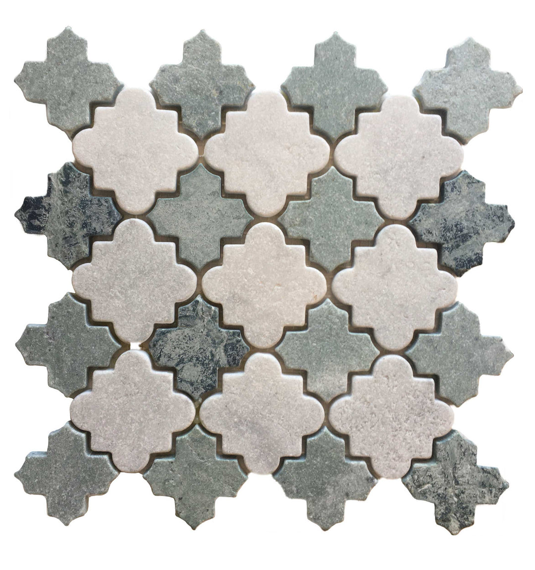 Cairo Carrara and Peacock Green Tumbled Stone Mosaic