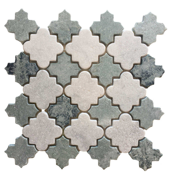 Cairo Carrara and Peacock Green Tumbled Stone Mosaic