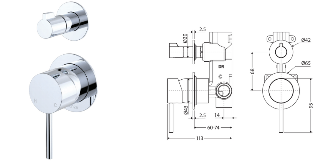 Fienza Kaya Wall Diverter Mixer, Small Round Plates, Gun Metal