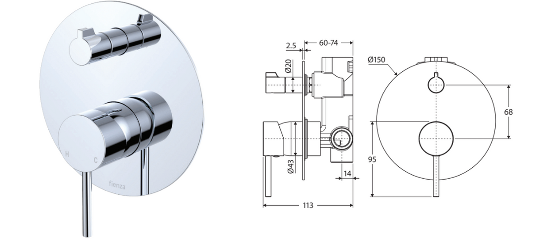Fienza Kaya Wall Diverter Mixer, Large Round Plate, Gun Metal