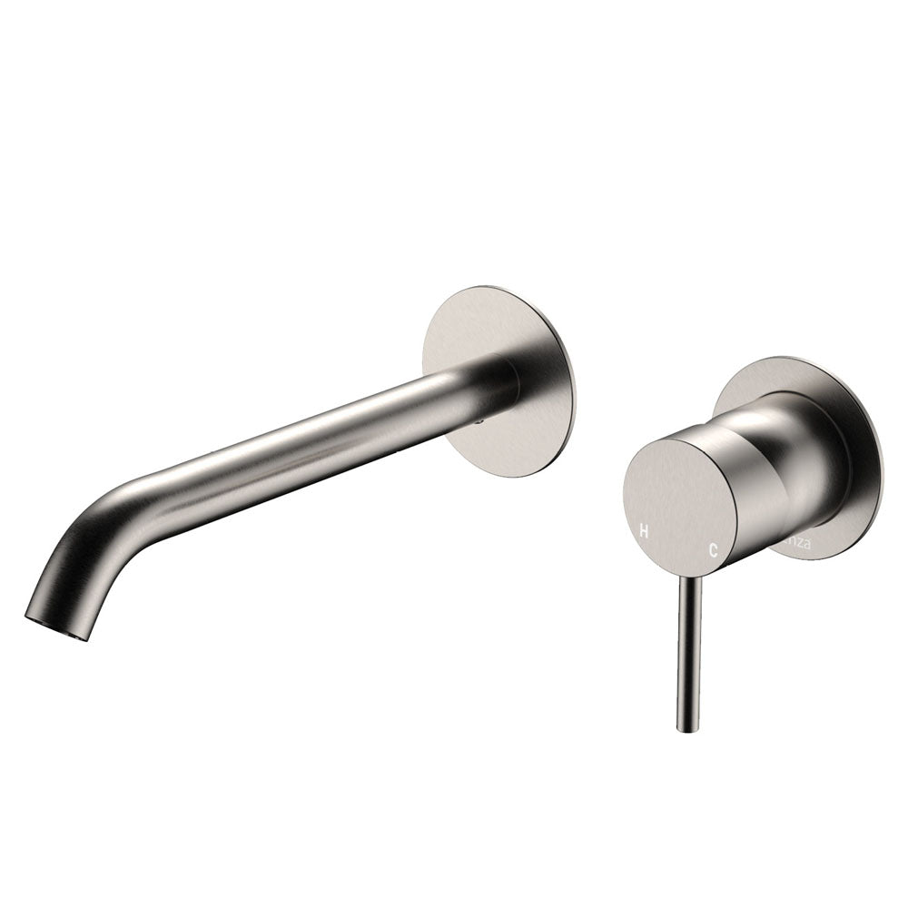 Fienza Kaya Basin/Bath Wall Mixer Set, Round Plates, 200mm Outlet, Brushed Nickel