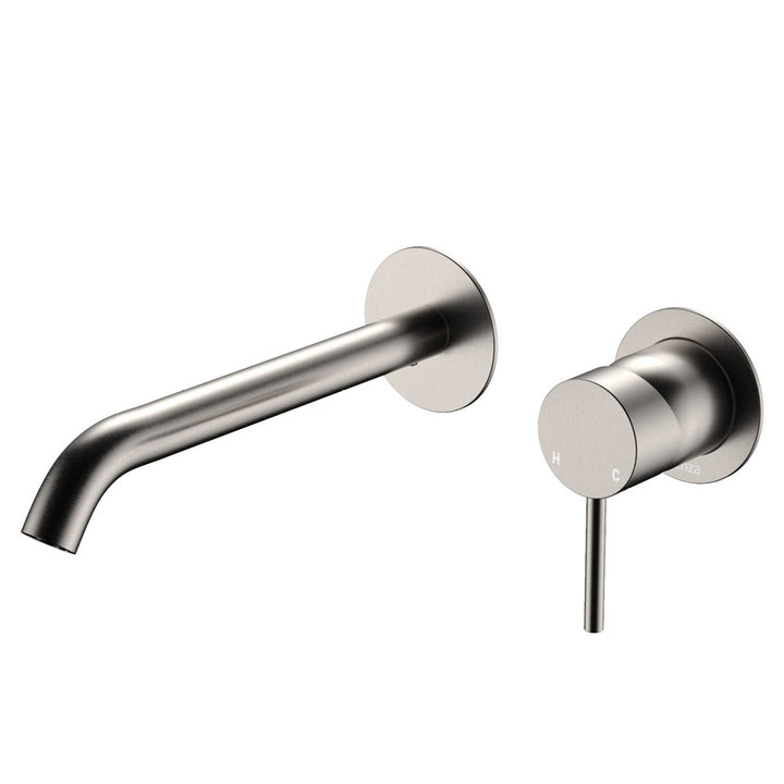 Fienza Kaya Basin/Bath Wall Mixer Set, Round Plates, 200mm Outlet, Brushed Nickel