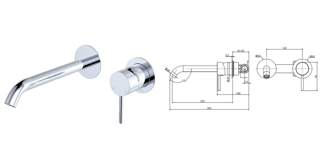 Fienza Kaya Basin/Bath Wall Mixer Set, Round Plates, 200mm Outlet, Brushed Nickel