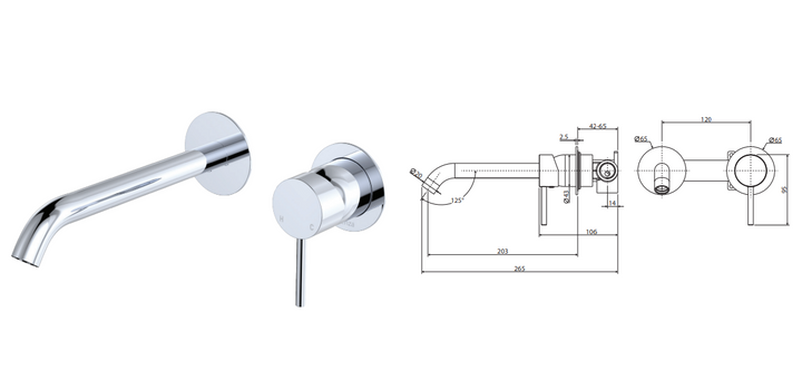 Fienza Kaya Basin/Bath Wall Mixer Set, Round Plates, 200mm Outlet, Brushed Nickel