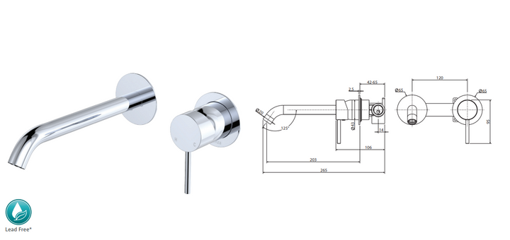 Fienza Kaya Basin/Bath Wall Mixer Set, Round Plates, 200mm Outlet, Brushed Copper