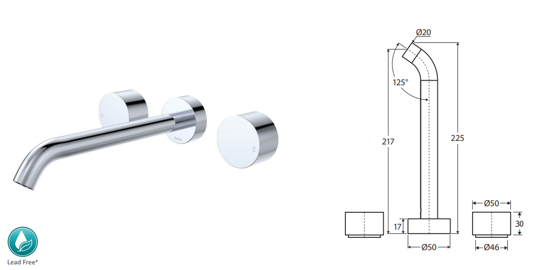 Fienza Kaya Wall Set, Round Taps, 220mm Outlet, Brushed Copper