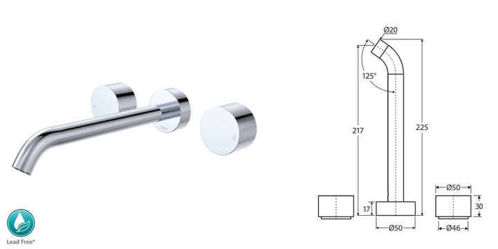 Fienza Kaya Wall Set, Round Taps, 220mm Outlet, Brushed Copper