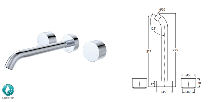 Fienza Kaya Wall Set Round Taps 220mm Outlet Gun Metal