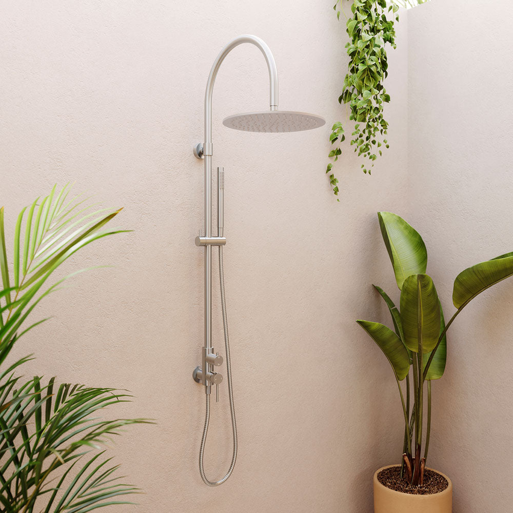 Fienza Kaya Wall Mounted Outdoor Twin Shower, Brushed Stainless Steel