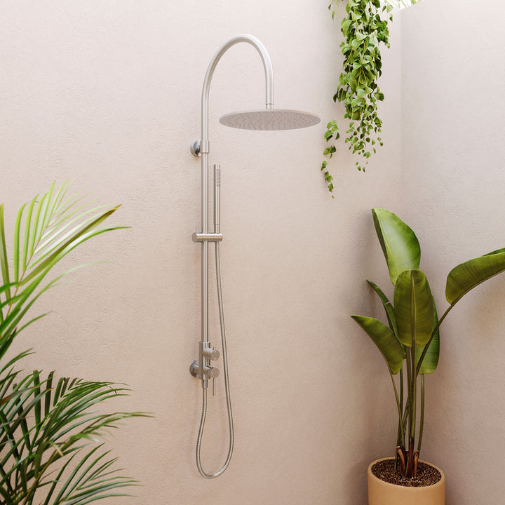 Fienza Kaya Wall Mounted Outdoor Twin Shower, Brushed Stainless Steel