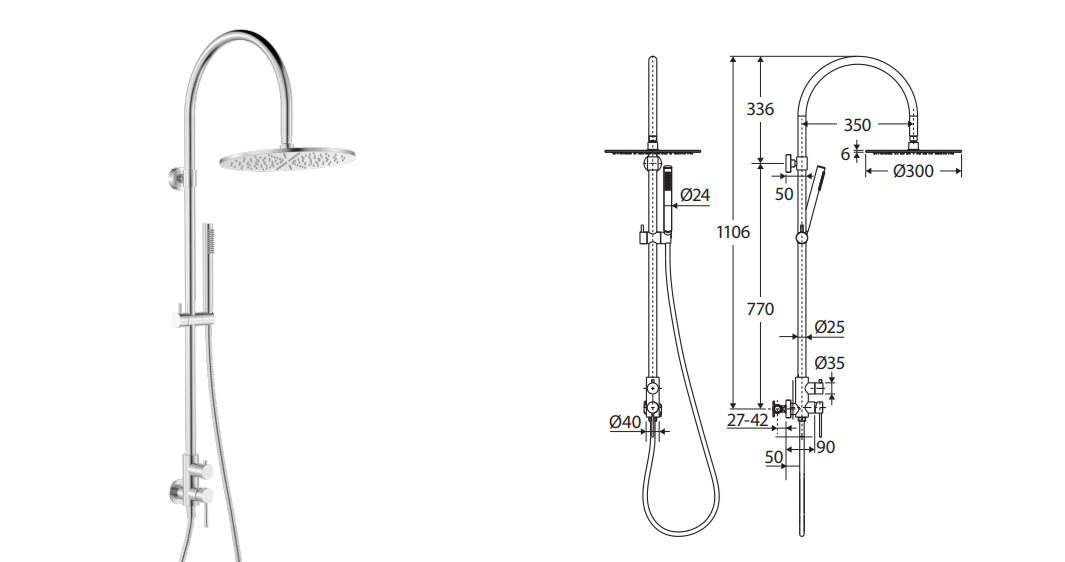 Fienza Kaya Wall Mounted Outdoor Twin Shower, Brushed Stainless Steel