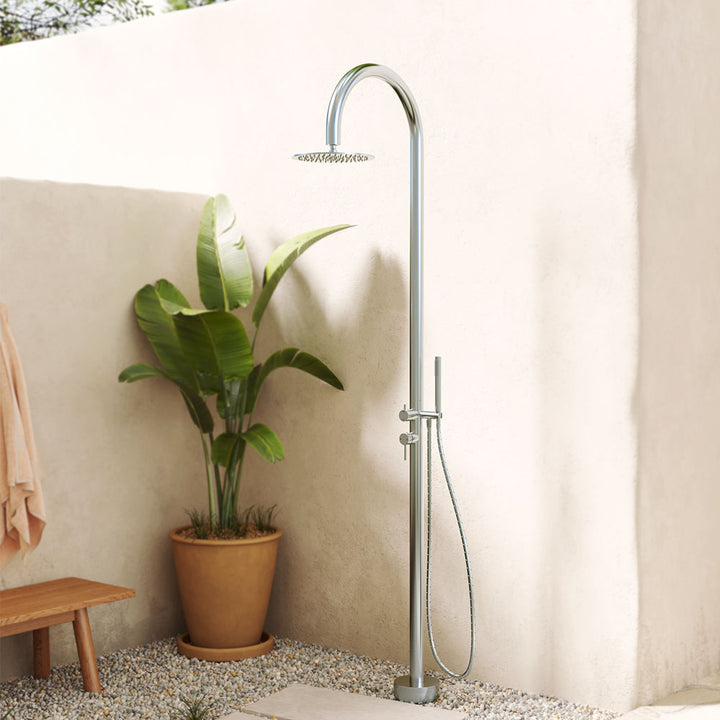 Fienza Kaya Floor Mounted Outdoor Twin Shower, Brushed Stainless Steel