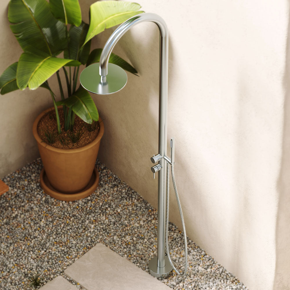 Fienza Kaya Floor Mounted Outdoor Twin Shower, Brushed Stainless Steel