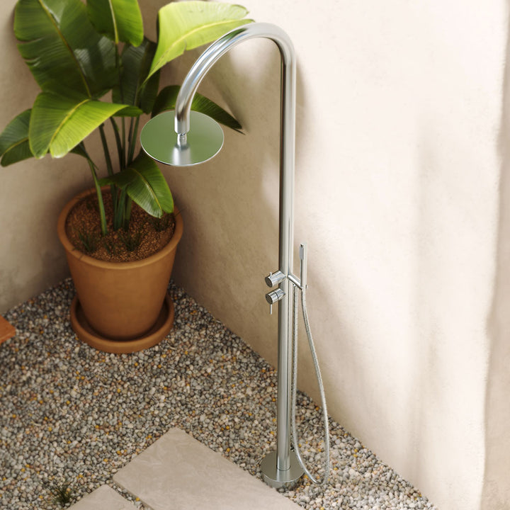 Fienza Kaya Floor Mounted Outdoor Twin Shower, Brushed Stainless Steel