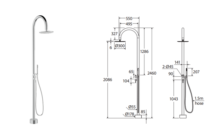 Fienza Kaya Floor Mounted Outdoor Twin Shower, Brushed Stainless Steel