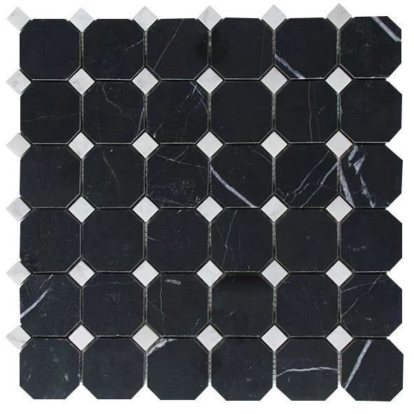 Octagon Nero and Carrara Stone Dot Mosaic