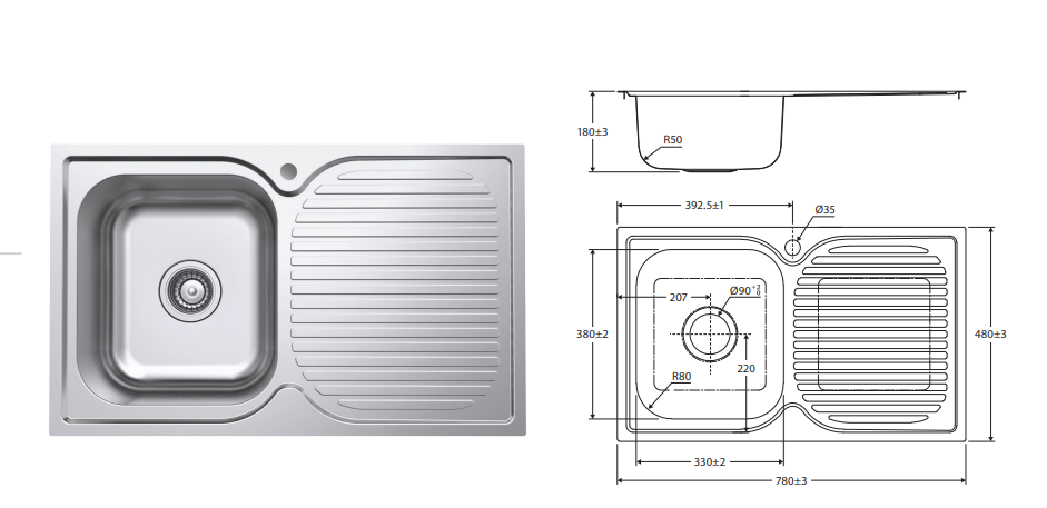 Fienza Tiva 780 Single Kitchen Sink with Drainer, Left Bowl