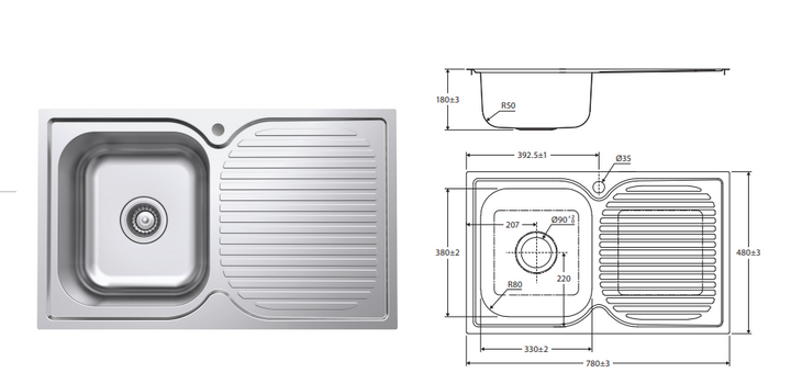 Fienza Tiva 780 Single Kitchen Sink with Drainer, Left Bowl