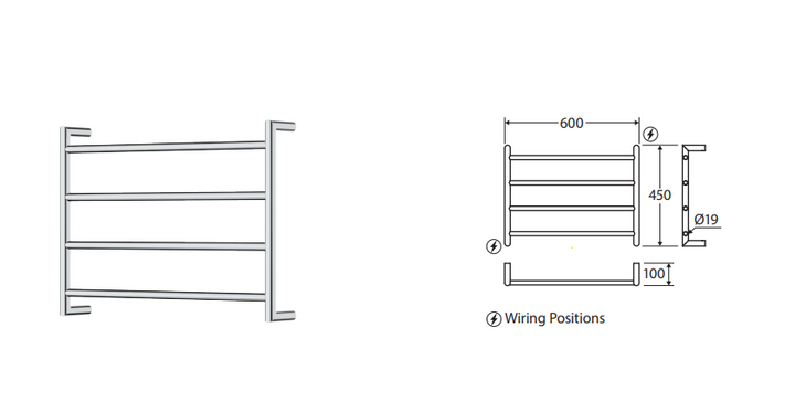 Fienza Kaya Heated Towel Rail 600 x 450mm Brushed Nickel