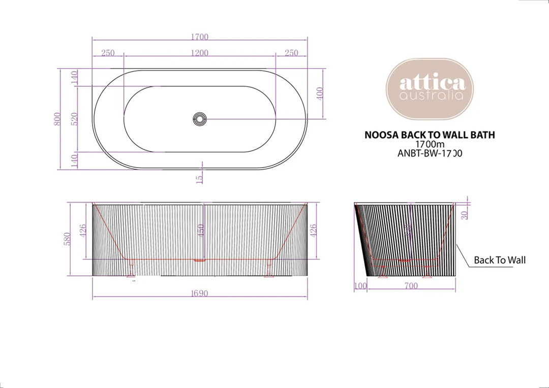Attica Noosa 1700 Gloss White Back to Wall Multi-fit Bath