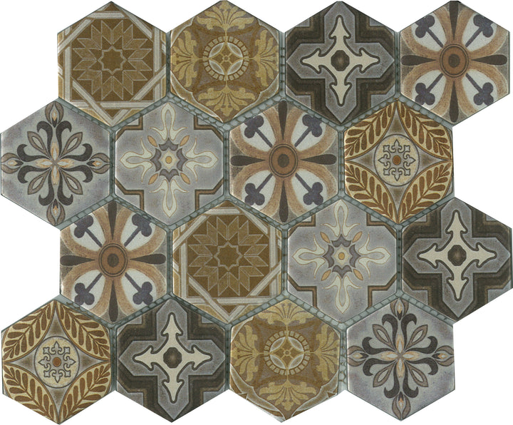 Arabia Patterned Hexagon Satin Finish Glass Mosaic 73x73mm