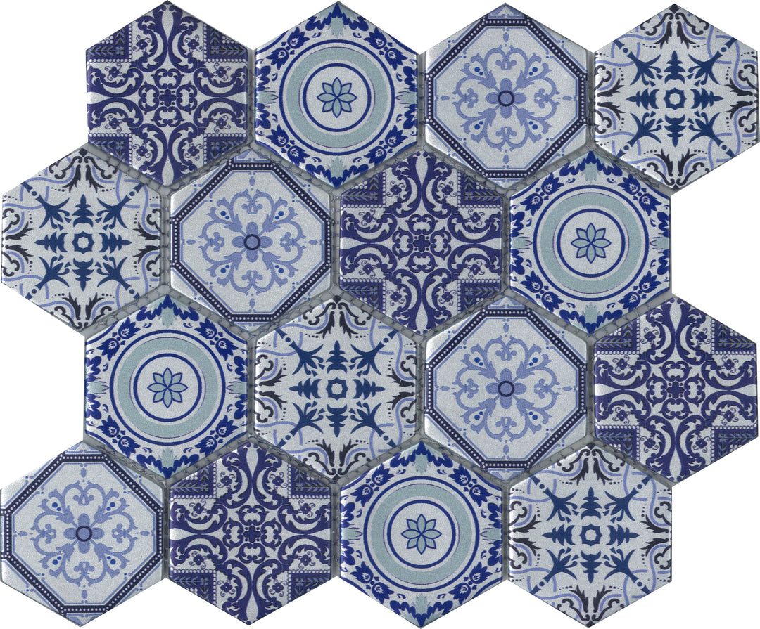 Arabia Patterned Hexagon Satin Finish Glass Mosaic 73x73mm