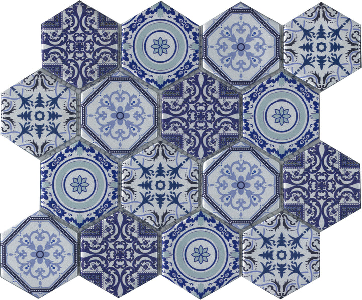 Arabia Patterned Hexagon Satin Finish Glass Mosaic 73x73mm