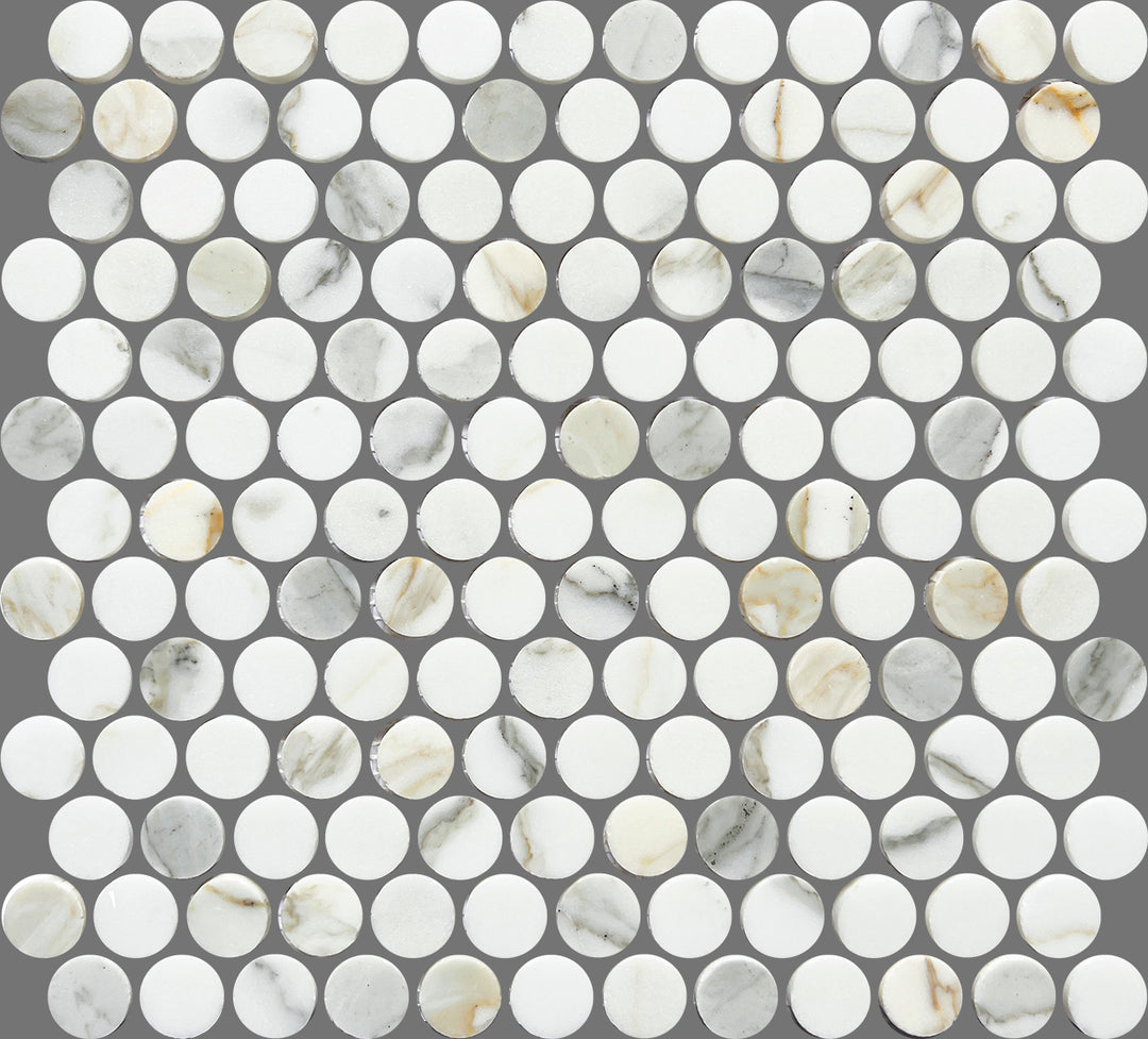 Artemis Series Natural Calacatta Gold Penny Round Honed Mosaic 23x23mm