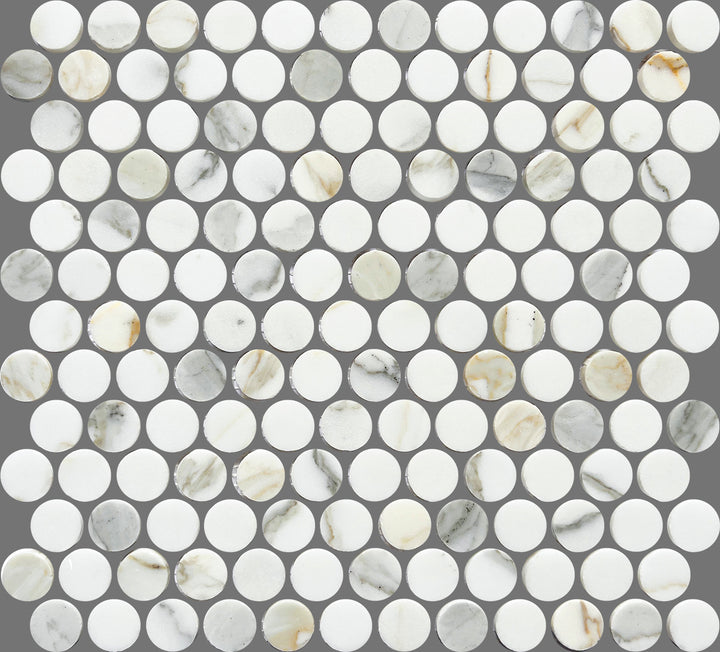Artemis Series Natural Calacatta Gold Penny Round Honed Mosaic 23x23mm