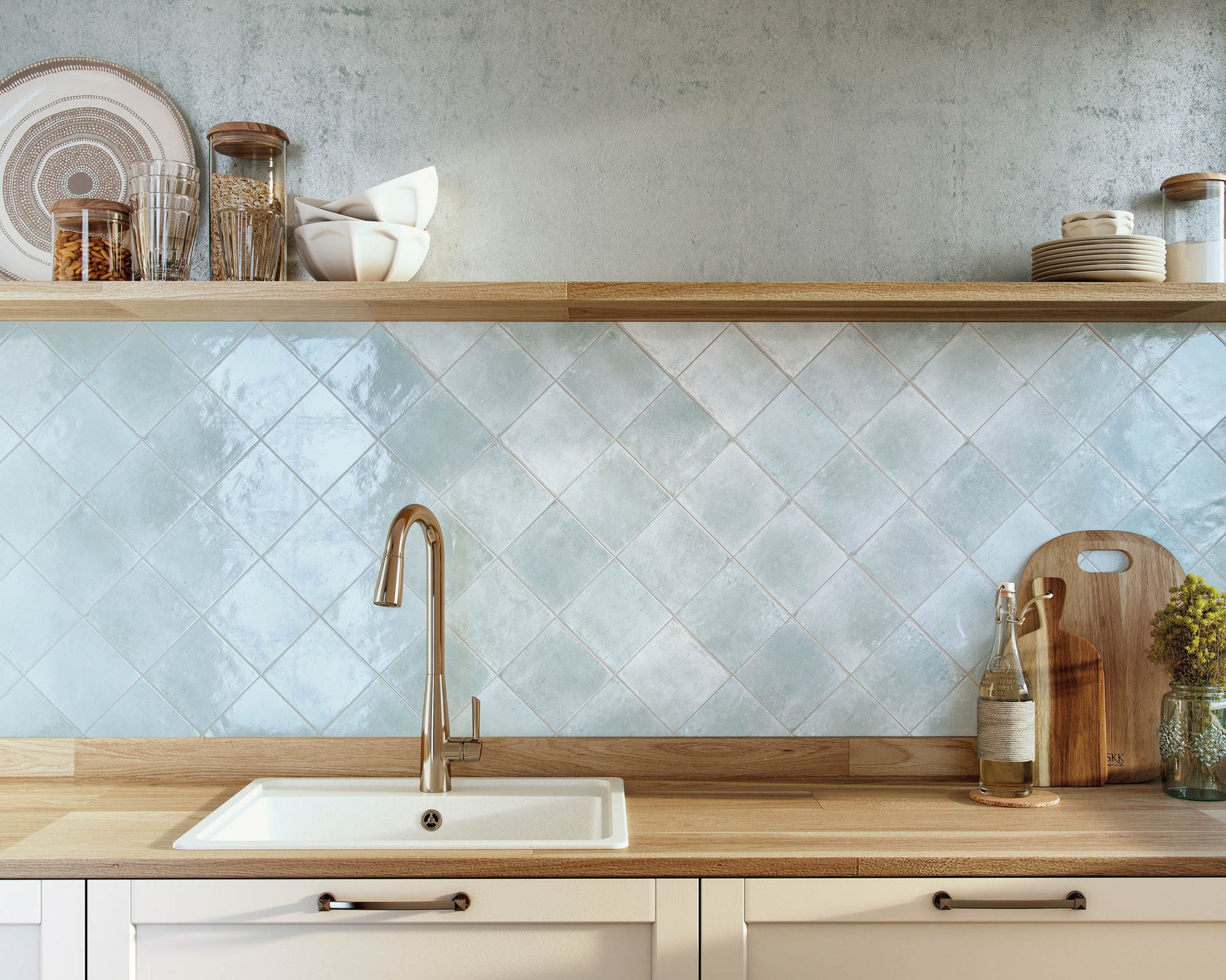 Hero banner showing premium kitchen tiles installation in modern kitchen