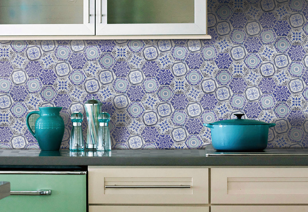 Arabia Patterned Hexagon Satin Finish Glass Mosaic 73x73mm