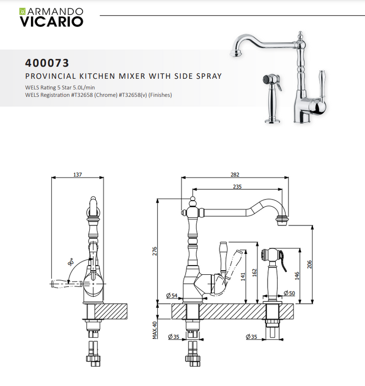 Armando Vicario Provincial Kitchen Mixer with Side Spray