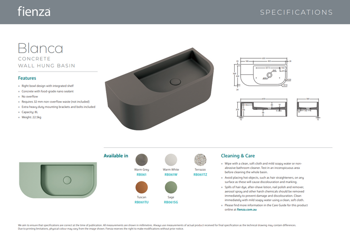 Fienza Blanca Concrete Wall Basin Sage