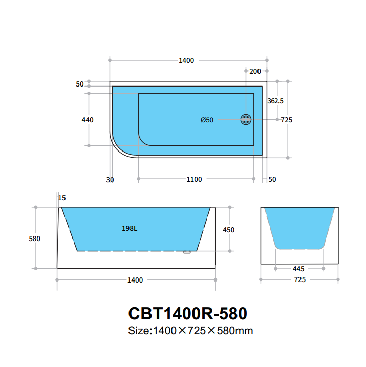 Casey Right Corner Back To Wall Bathtub 1400