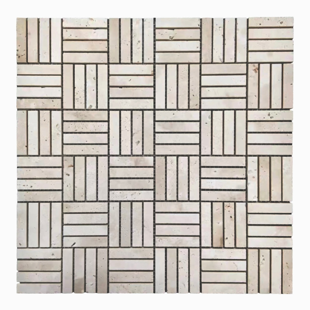 Cross Hatch Italian White Travertine Natural Stone Honed Mosaic