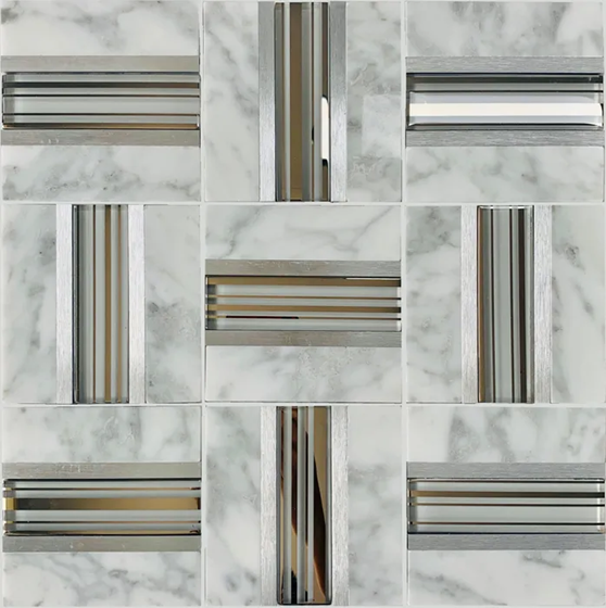 Carrara Weave Clear Glass/Aluminum and Natural Marble Mosaic