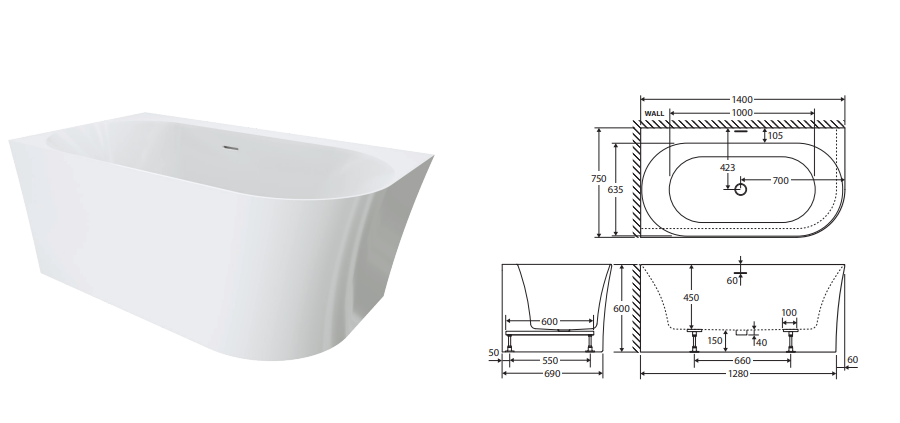 Fienza Chloe Right-Hand Acrylic Corner Bath with Overflow 1400mm