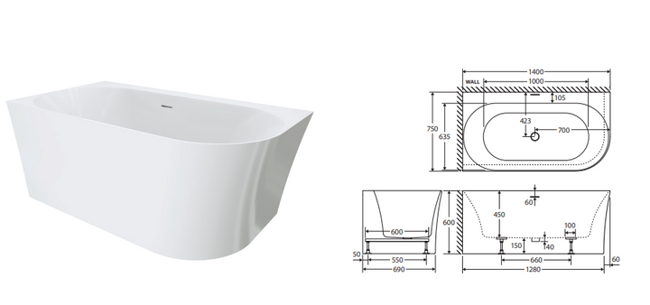 Fienza Chloe Right-Hand Acrylic Corner Bath with Overflow 1400mm