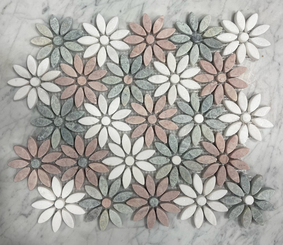Delft Daisy Flower Tumbled Natural Marble Mosaic