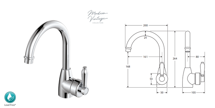 Fienza Eleanor Gooseneck Basin Mixer Brushed Nickel / Ceramic