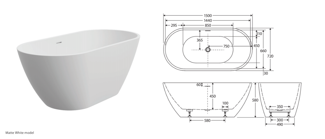 Fienza Koko Freestanding Acrylic Bath 1500mm with Overflow Matte White