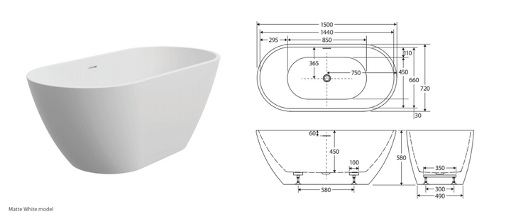 Fienza Koko Freestanding Acrylic Bath 1500mm with Overflow Matte White